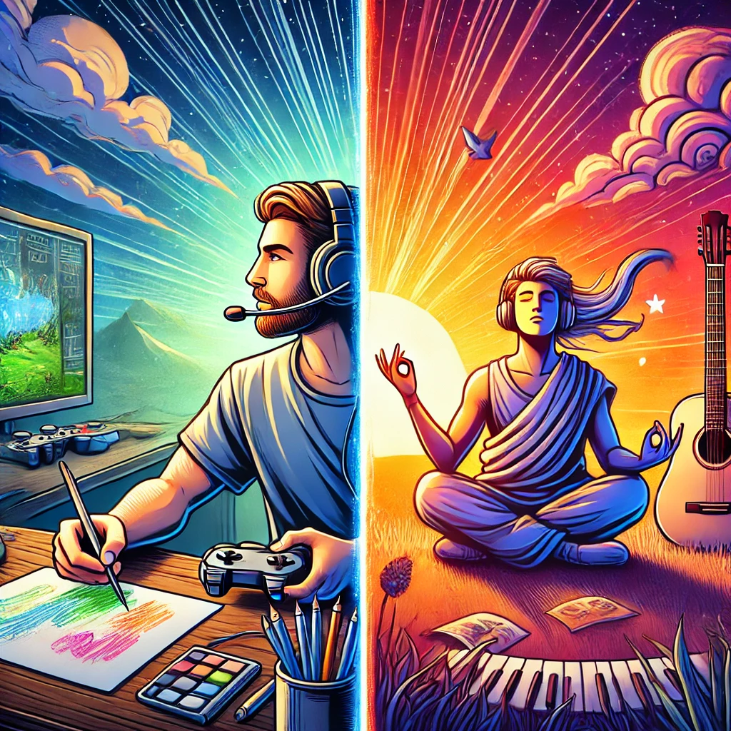 A split-screen digital illustration of a gamer practicing skills through gaming on one side and applying those skills to creative pursuits like drawing, meditation, and singing on the other. The image symbolizes personal growth through practicing in gaming and life.